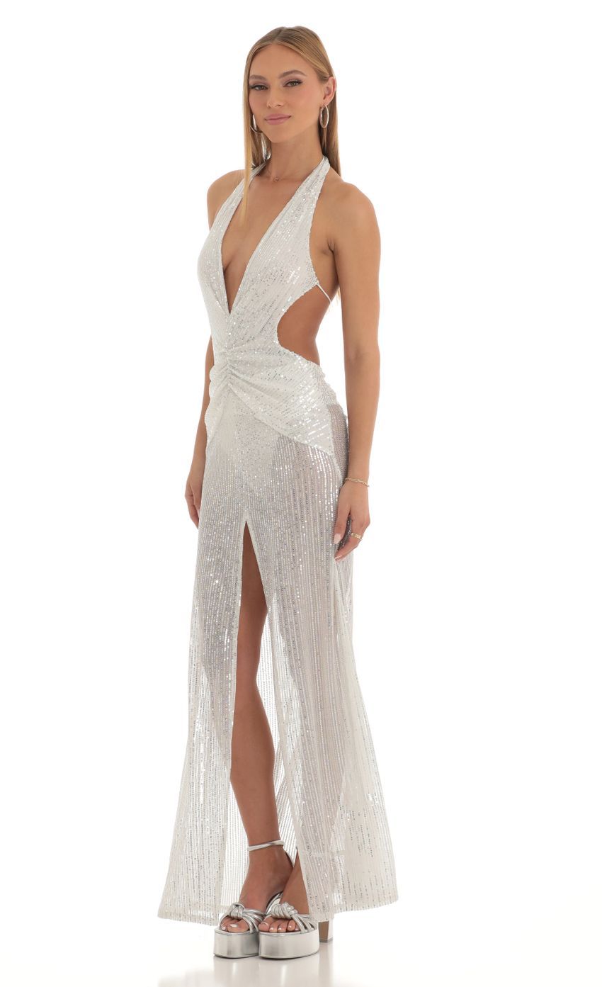 Silver Sequin Halter Maxi Dress in White-Sunny Prom. All rights reserved.