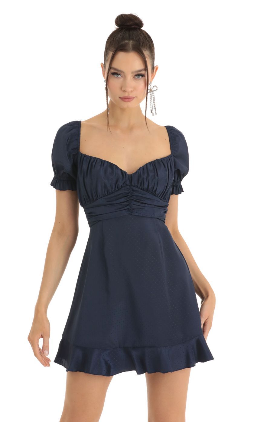 Satin Fit and Flare Puff Sleeve Dress in Blue-Sunny Prom. All rights reserved.