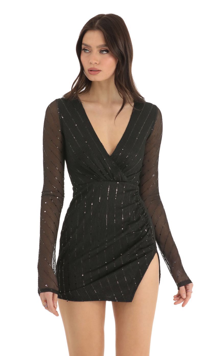 Striped Sequin Long Sleeve Dress in Black-Sunny Prom. All rights reserved.