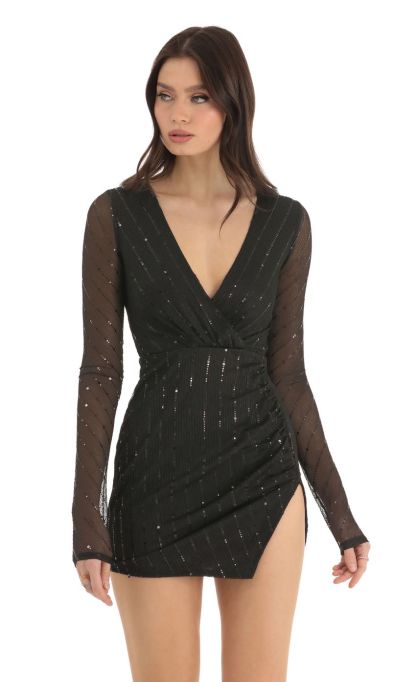 Striped Sequin Long Sleeve Dress in Black-Sunny Prom. All rights reserved.