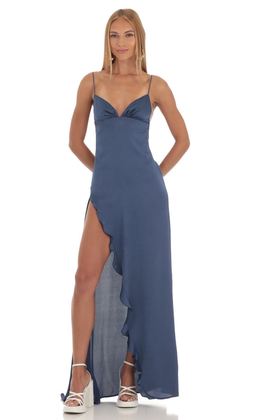Satin Ruffle Maxi Dress in Blue-Sunny Prom. All rights reserved.