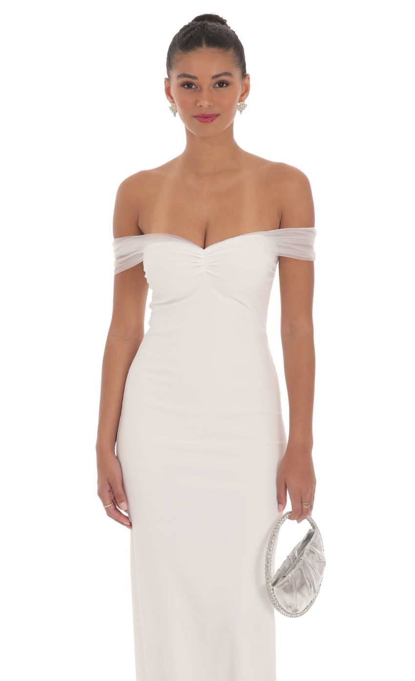 Tulle Off Shoulder Sleeve Maxi Dress in White-Sunny Prom. All rights reserved.