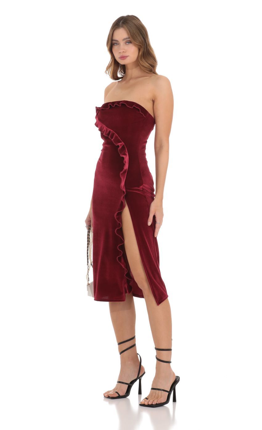 Ruffle Velvet Strapless Midi Dress in Maroon-Sunny Prom. All rights reserved.