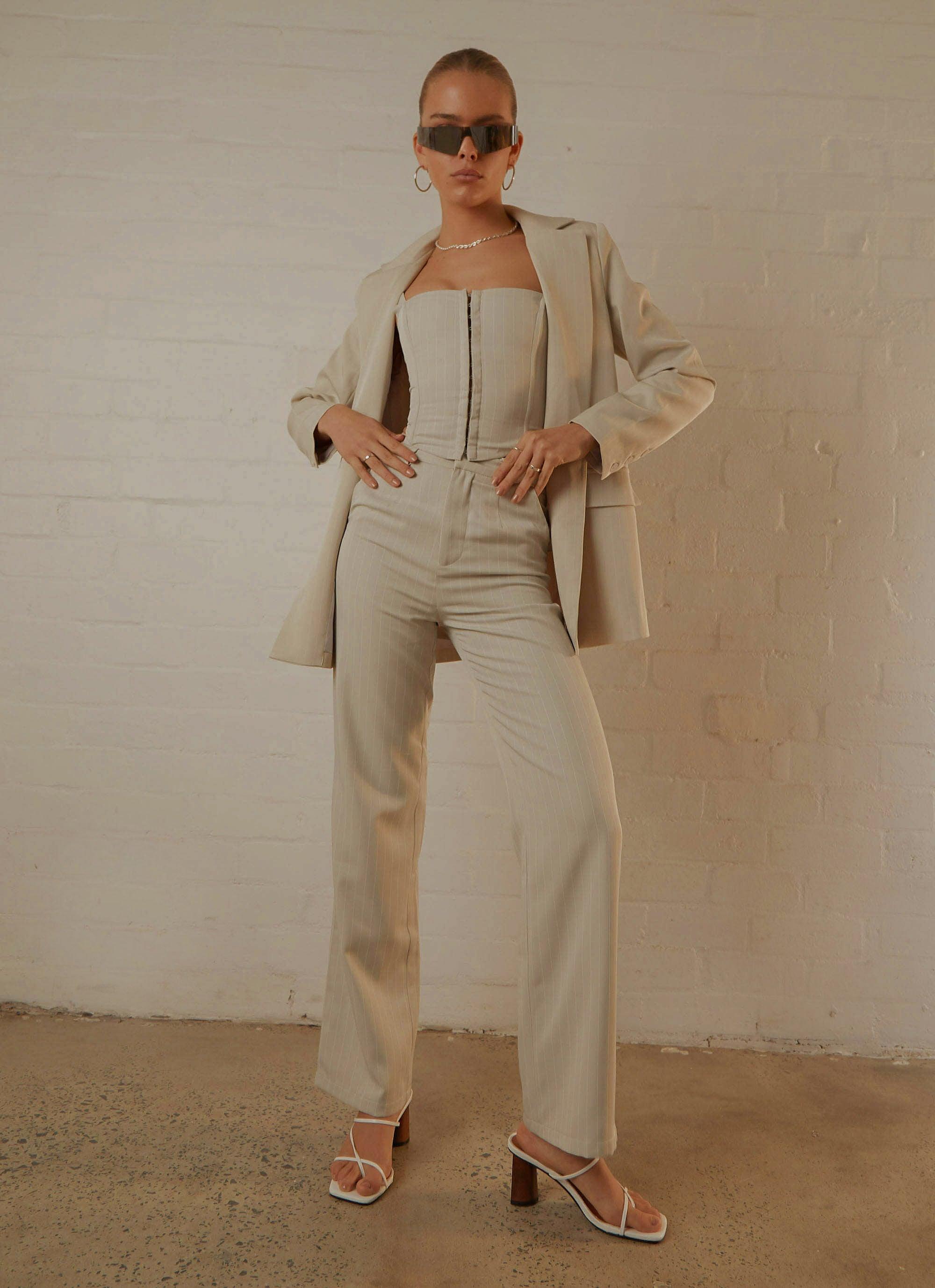 Mia Suit Pants - Stone Pinstripe-Sunny Prom. All rights reserved.