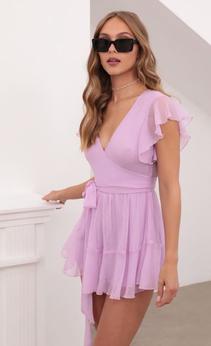 Wrap Romper in Lavender Crinkle Chiffon-Sunny Prom. All rights reserved.
