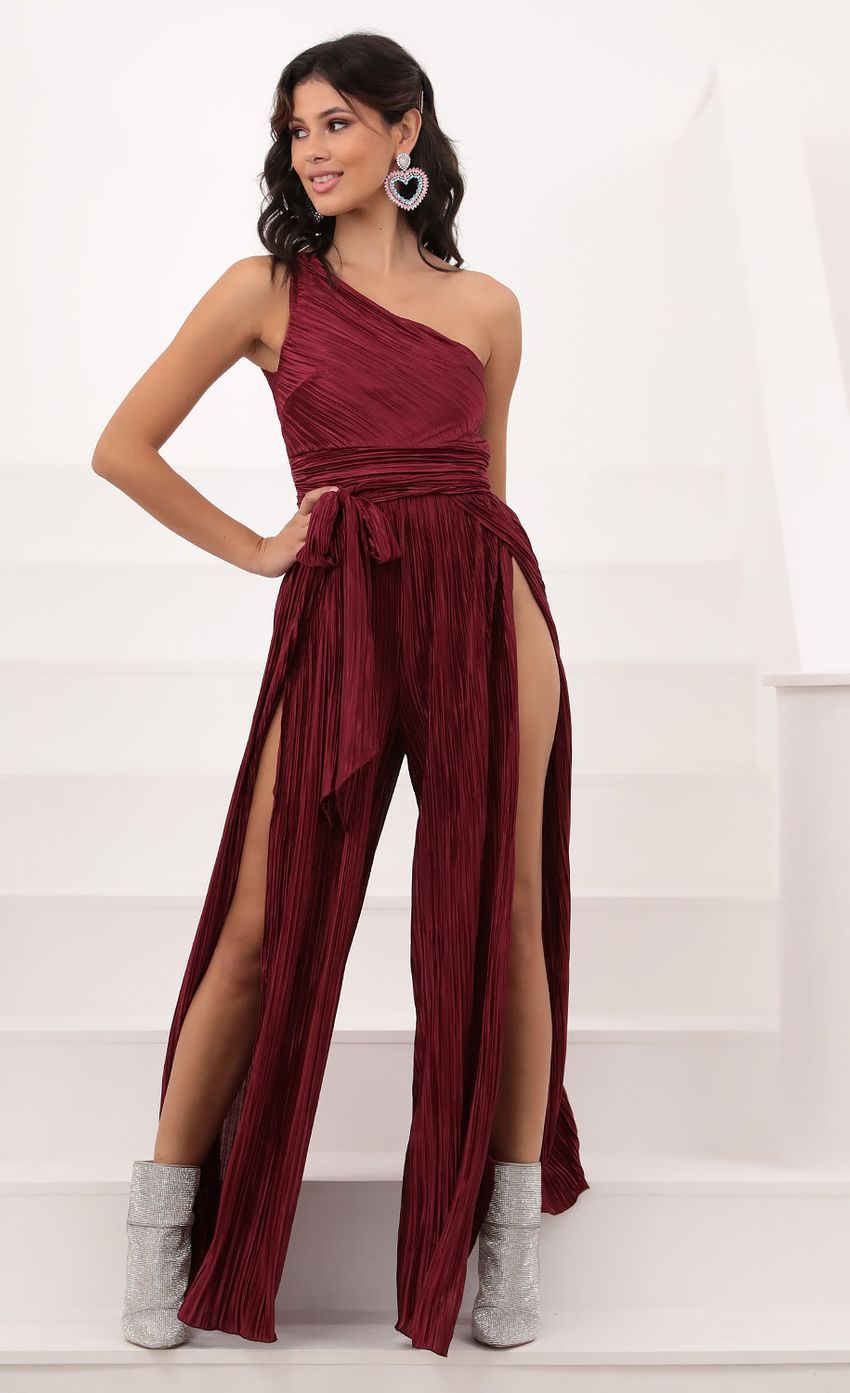 Shimmer One Shoulder Jumpsuit in Burgundy-Sunny Prom. All rights reserved.