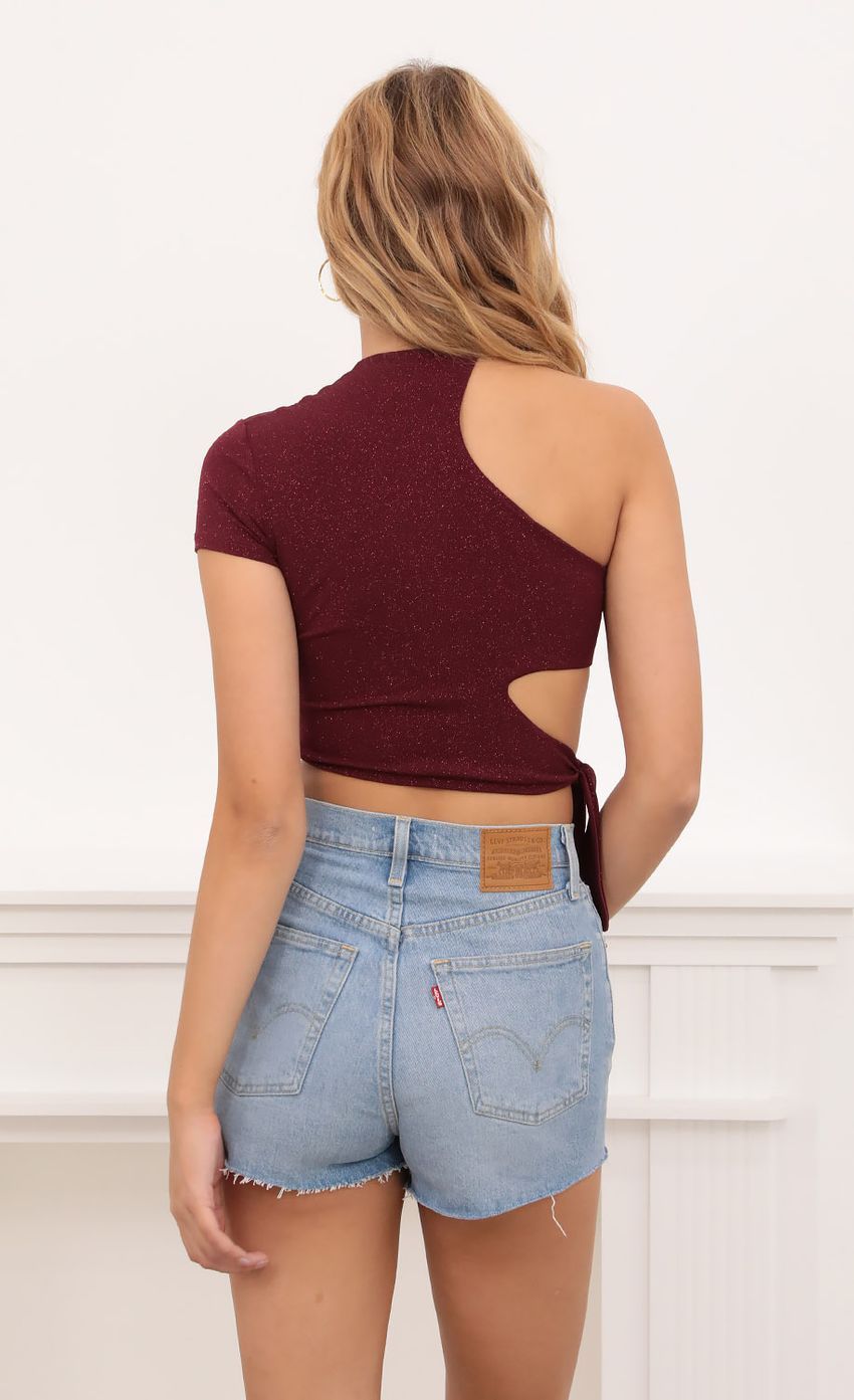 Tied Down Crop Top in Burgundy Shimmer-Sunny Prom. All rights reserved.
