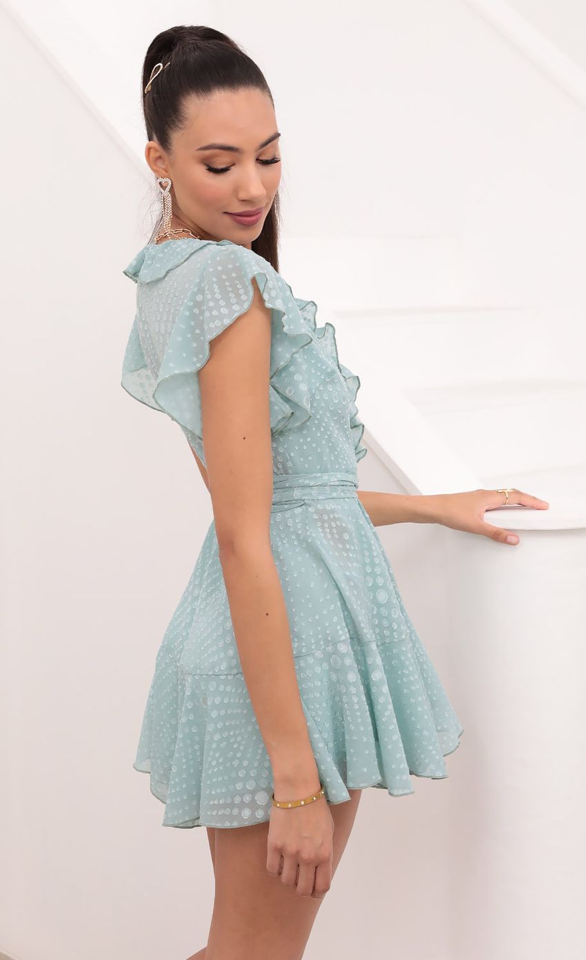 Wrap Dress in Seafoam Dotted Chiffon-Sunny Prom. All rights reserved.
