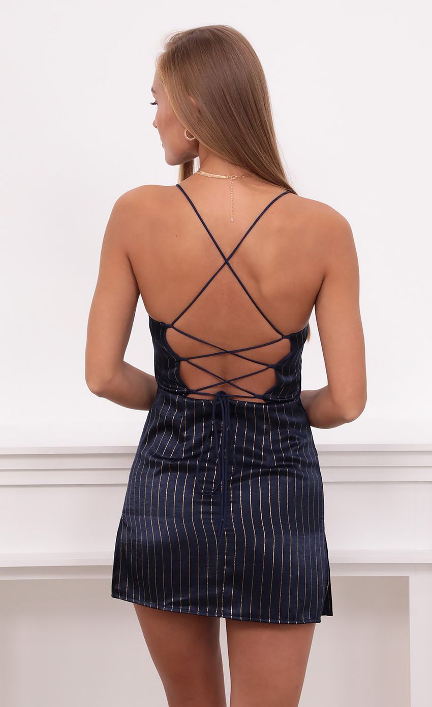 Slip Dress in Navy and Gold Stripes-Sunny Prom. All rights reserved.