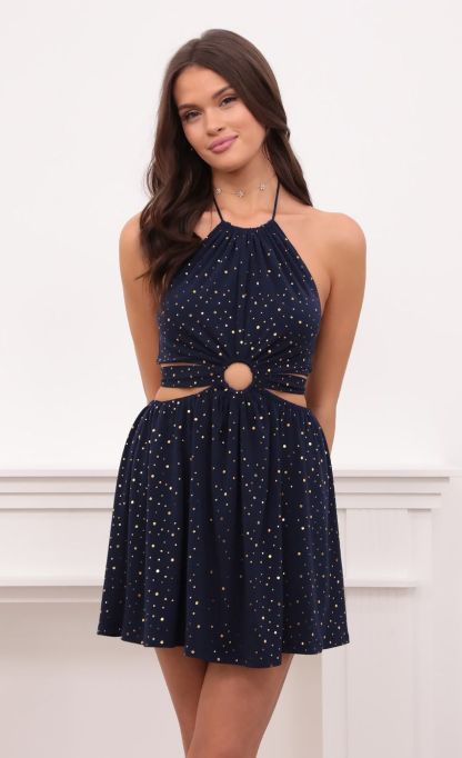 Shimmer Halter Cutout Dress in Navy-Sunny Prom. All rights reserved.