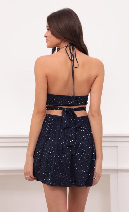 Shimmer Halter Cutout Dress in Navy-Sunny Prom. All rights reserved.