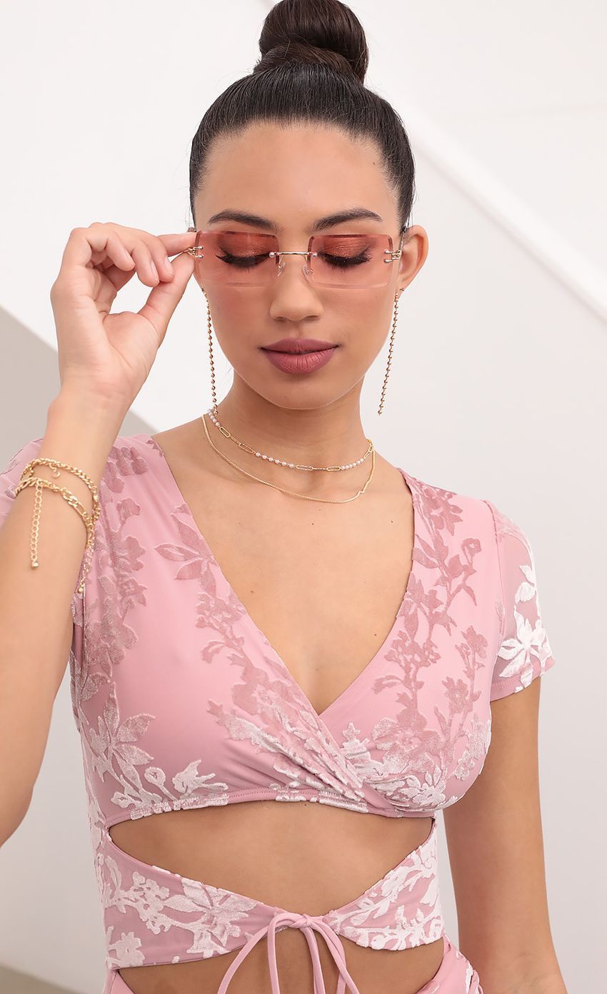 Tie Cutout Ruffle And Ruched Dress in Pink-Sunny Prom. All rights reserved.
