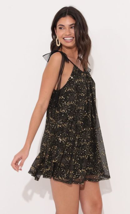 Shoulder Tie Dress in Shimmer Black-Sunny Prom. All rights reserved.