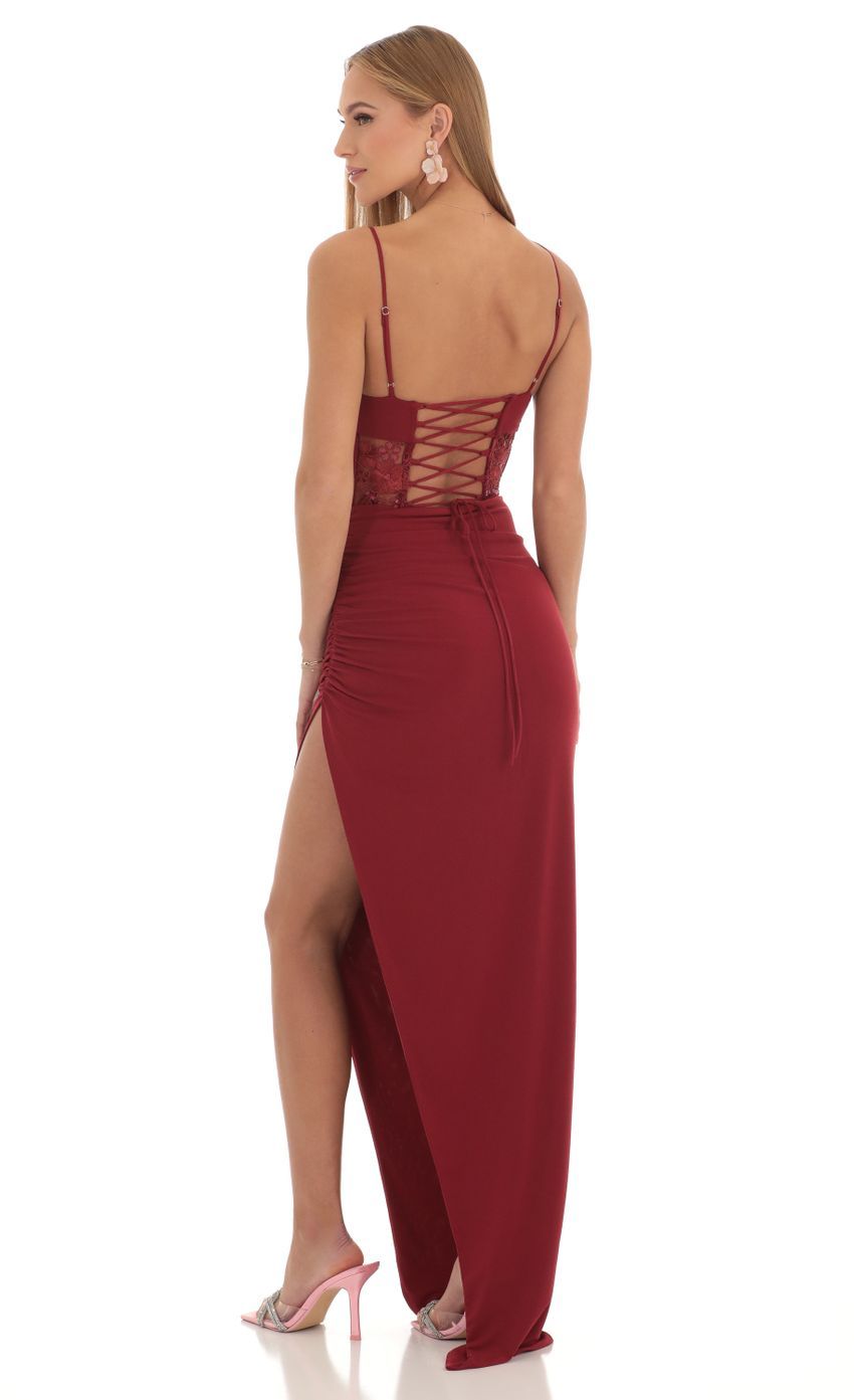 Sequin Mesh Corset Cowl Maxi Dress in Maroon-Sunny Prom. All rights reserved.