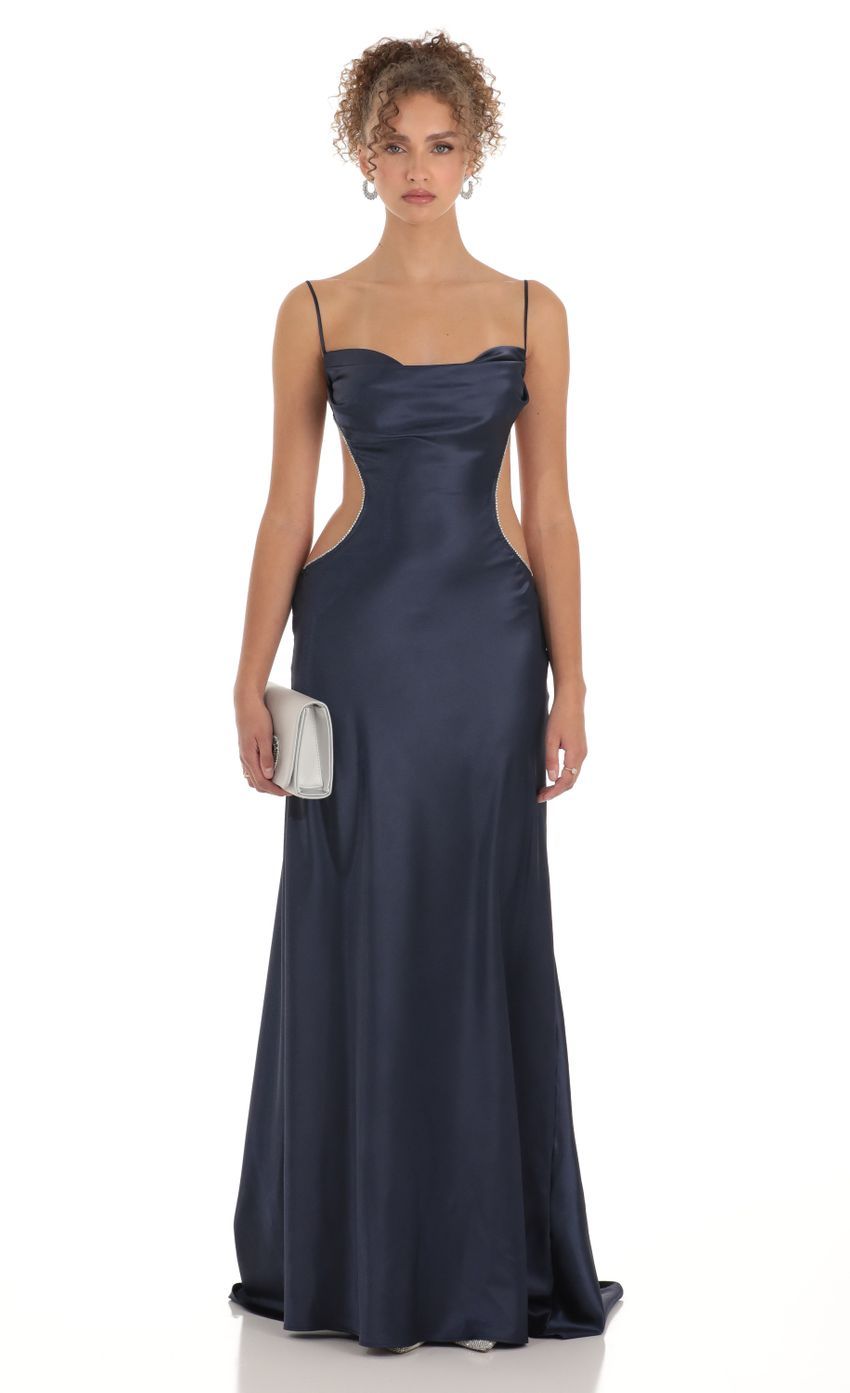Satin Rhinestone Maxi Dress in Navy-Sunny Prom. All rights reserved.