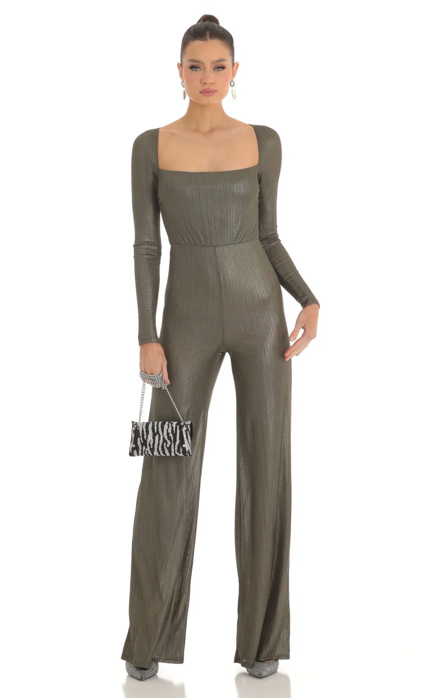 Shimmer Open Back Long Sleeve Jumpsuit in Olive-Sunny Prom. All rights reserved.