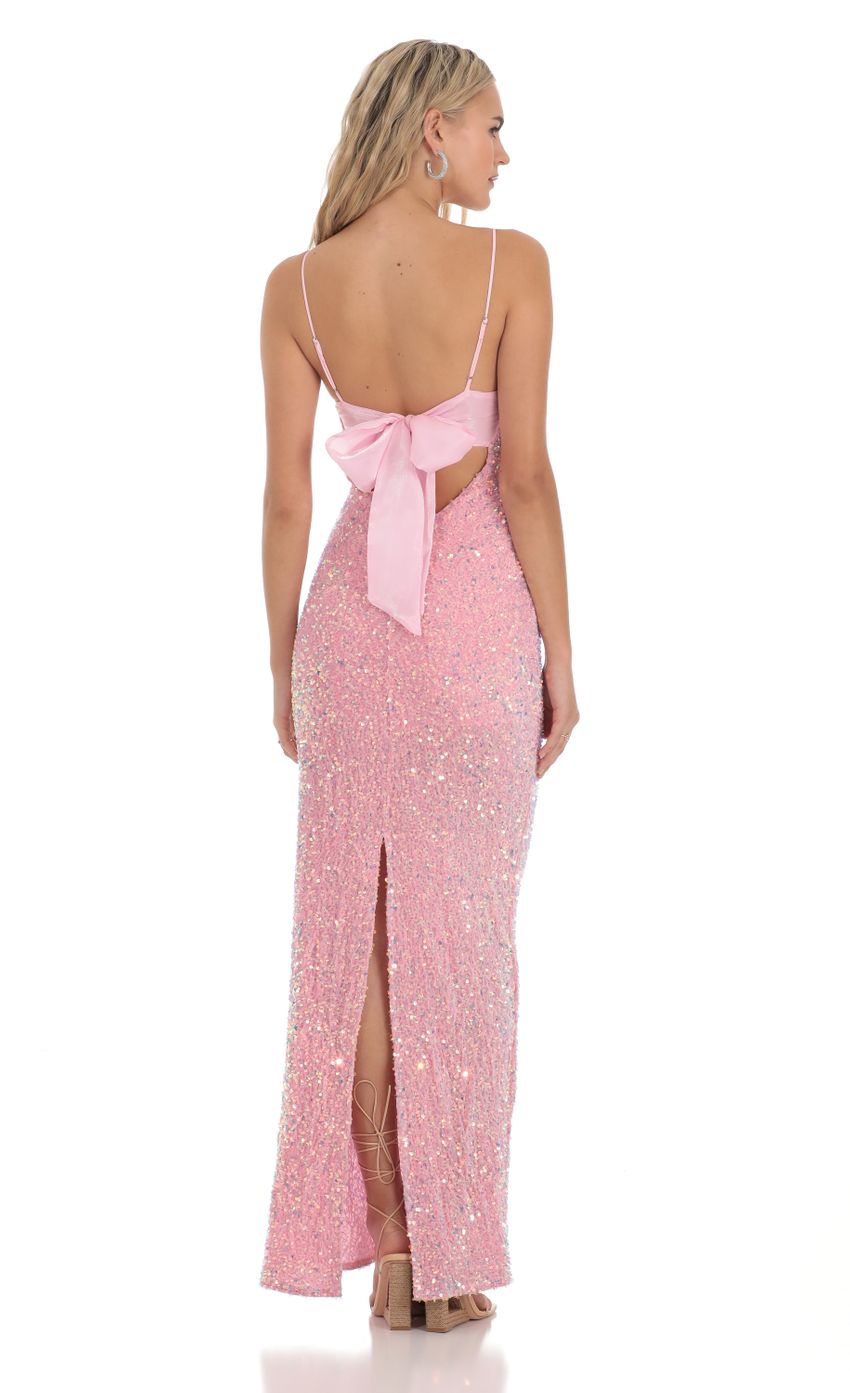 Velvet Sequin Back Bow Maxi Dress in Pink-Sunny Prom. All rights reserved.