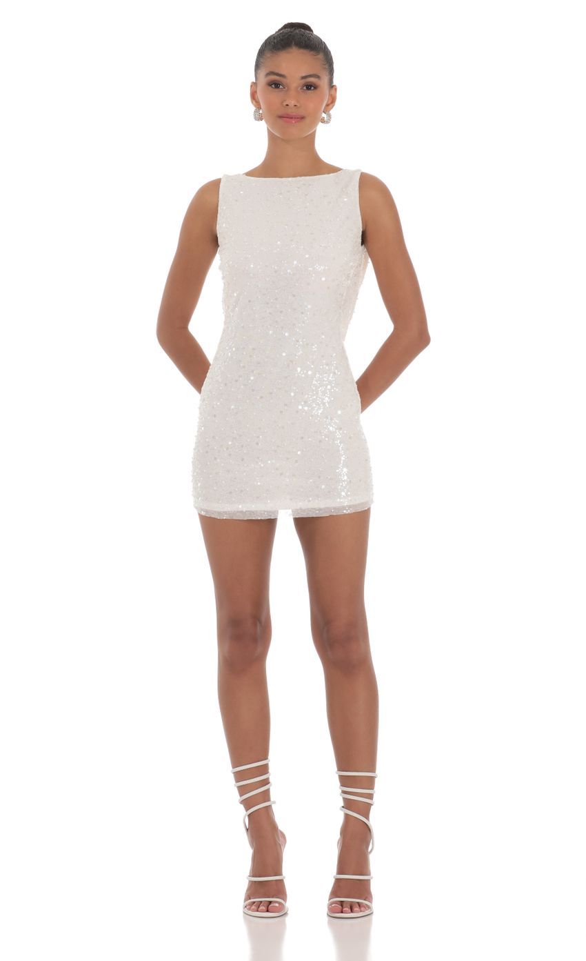 Sequin Draped Open Back Dress in White-Sunny Prom. All rights reserved.