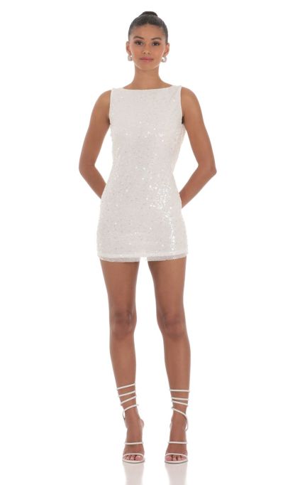 Sequin Draped Open Back Dress in White-Sunny Prom. All rights reserved.