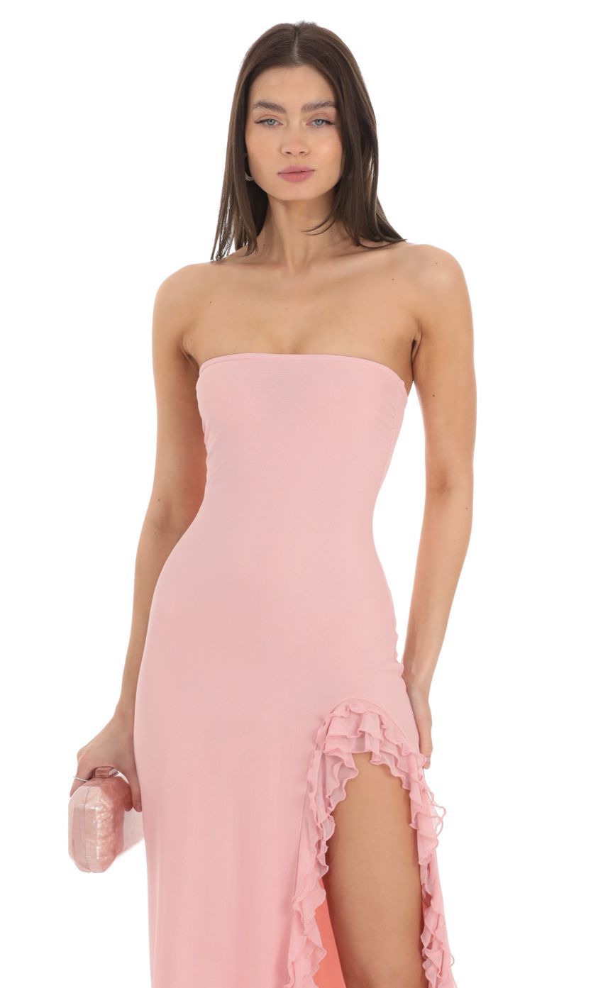Strapless Mesh Ruffle Maxi Dress in Pink-Sunny Prom. All rights reserved.