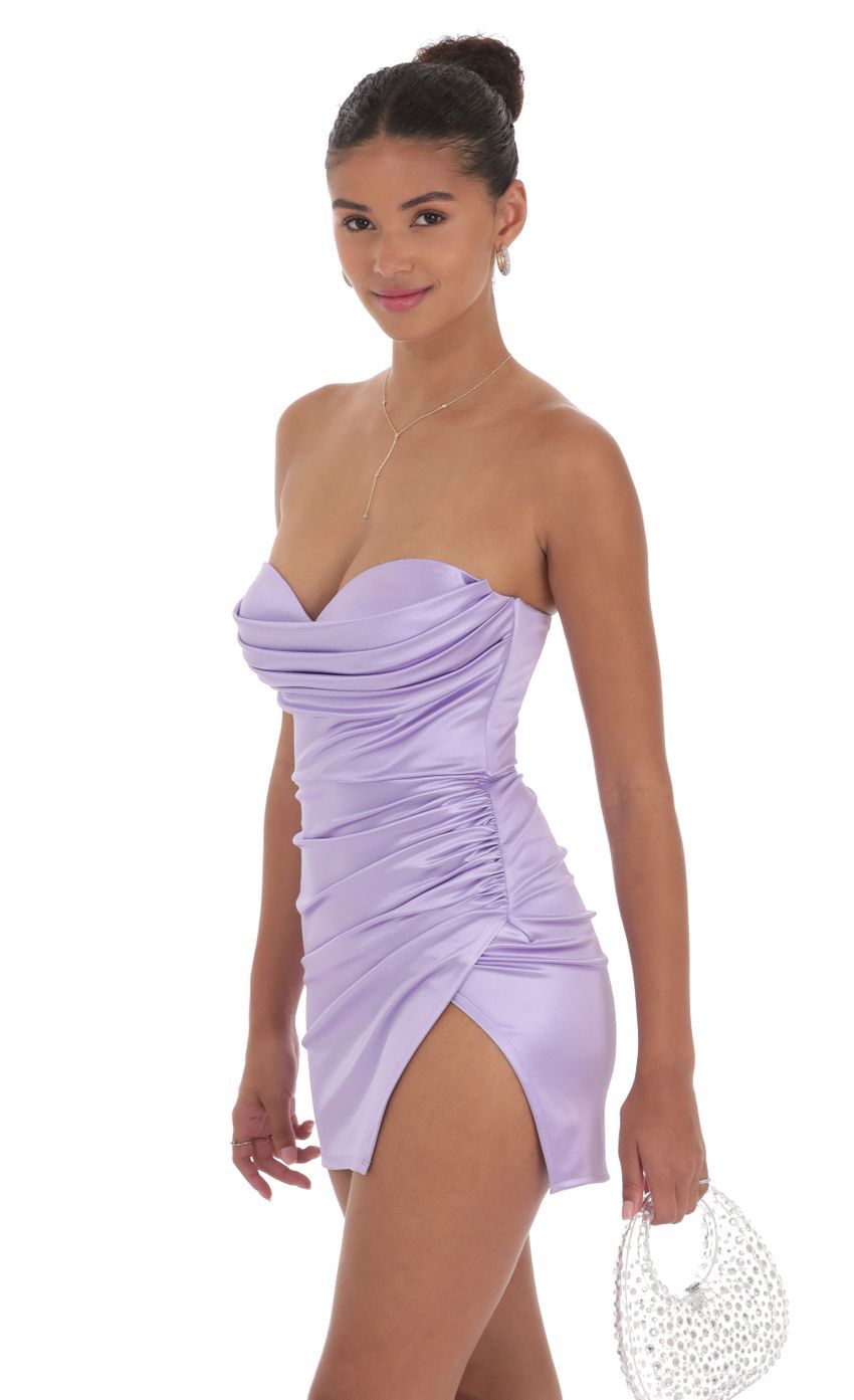 Strapless Satin Ruched Slit Dress in Lilac-Sunny Prom. All rights reserved.