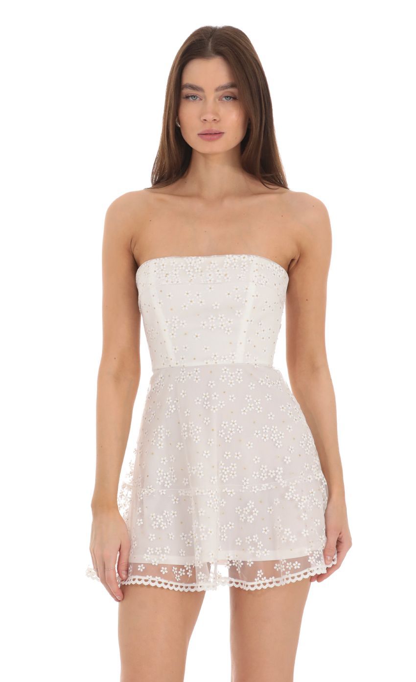 Strapless Floral Shimmer Corset Dress in White-Sunny Prom. All rights reserved.