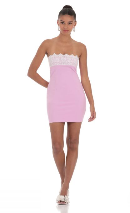 Strapless Lace Bust Dress in Pink-Sunny Prom. All rights reserved.