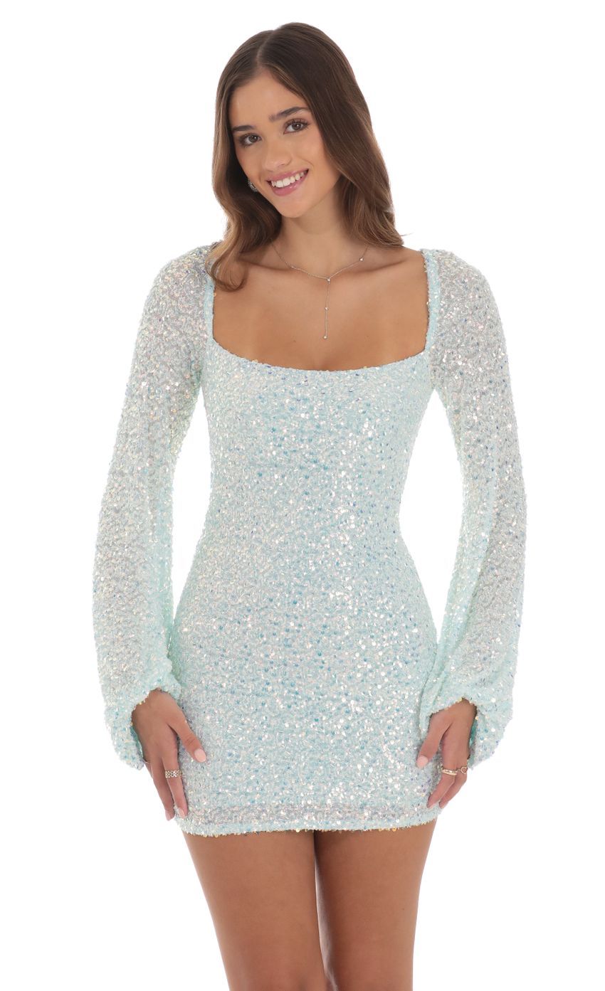 Sequin Long Sleeve Dress in Aqua Blue-Sunny Prom. All rights reserved.