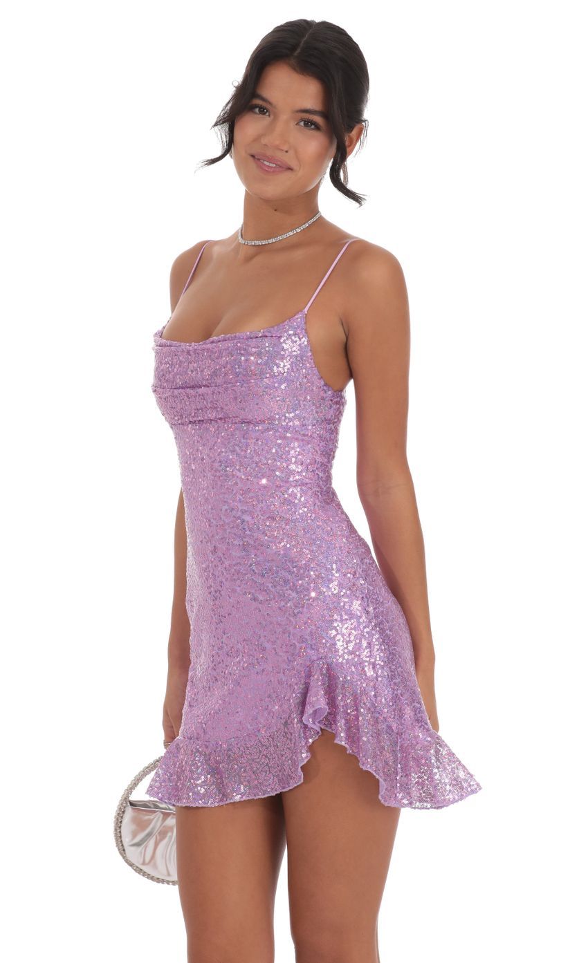 Sequin Ruffled Slit Dress in Lavender-Sunny Prom. All rights reserved.