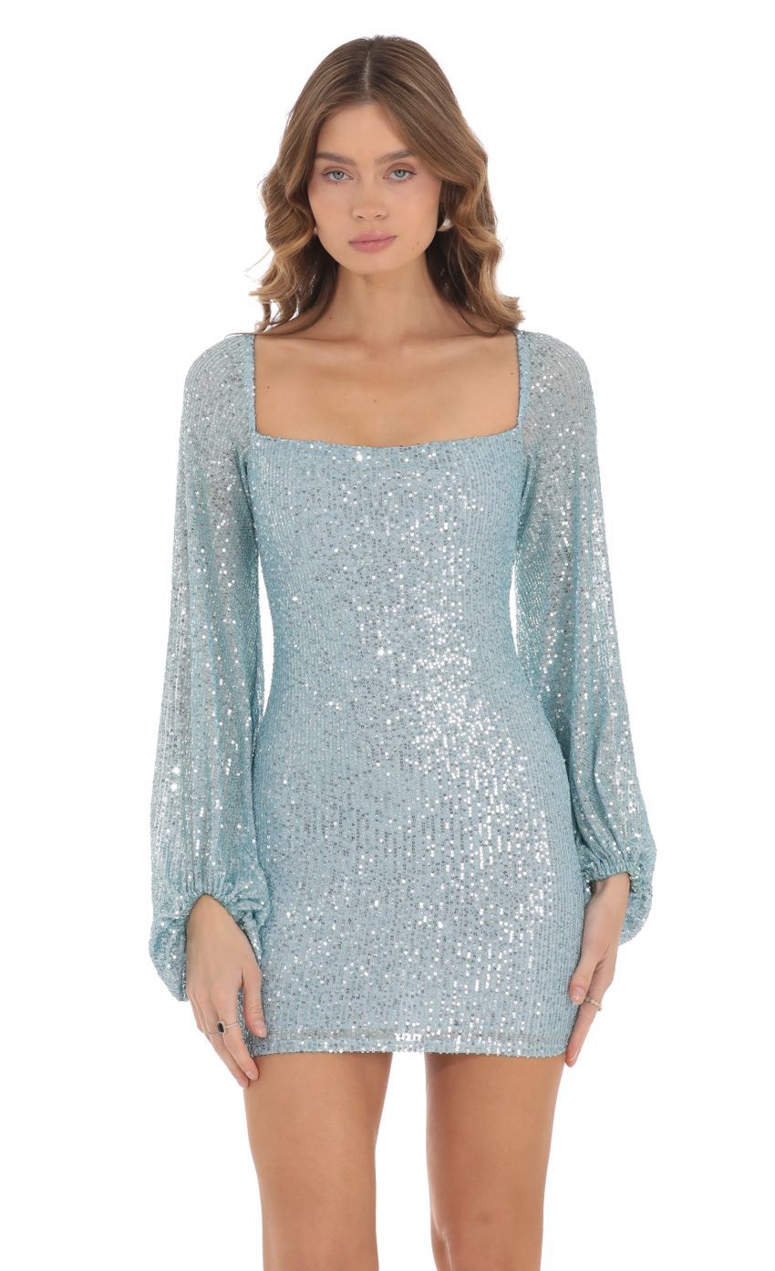 Shantelle Sequin Long Sleeve Dress in Blue-Sunny Prom. All rights reserved.