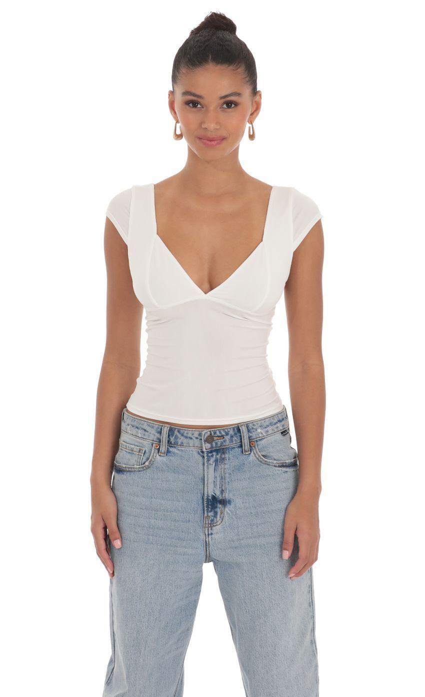 Short Sleeve V-Neck Top in White-Sunny Prom. All rights reserved.