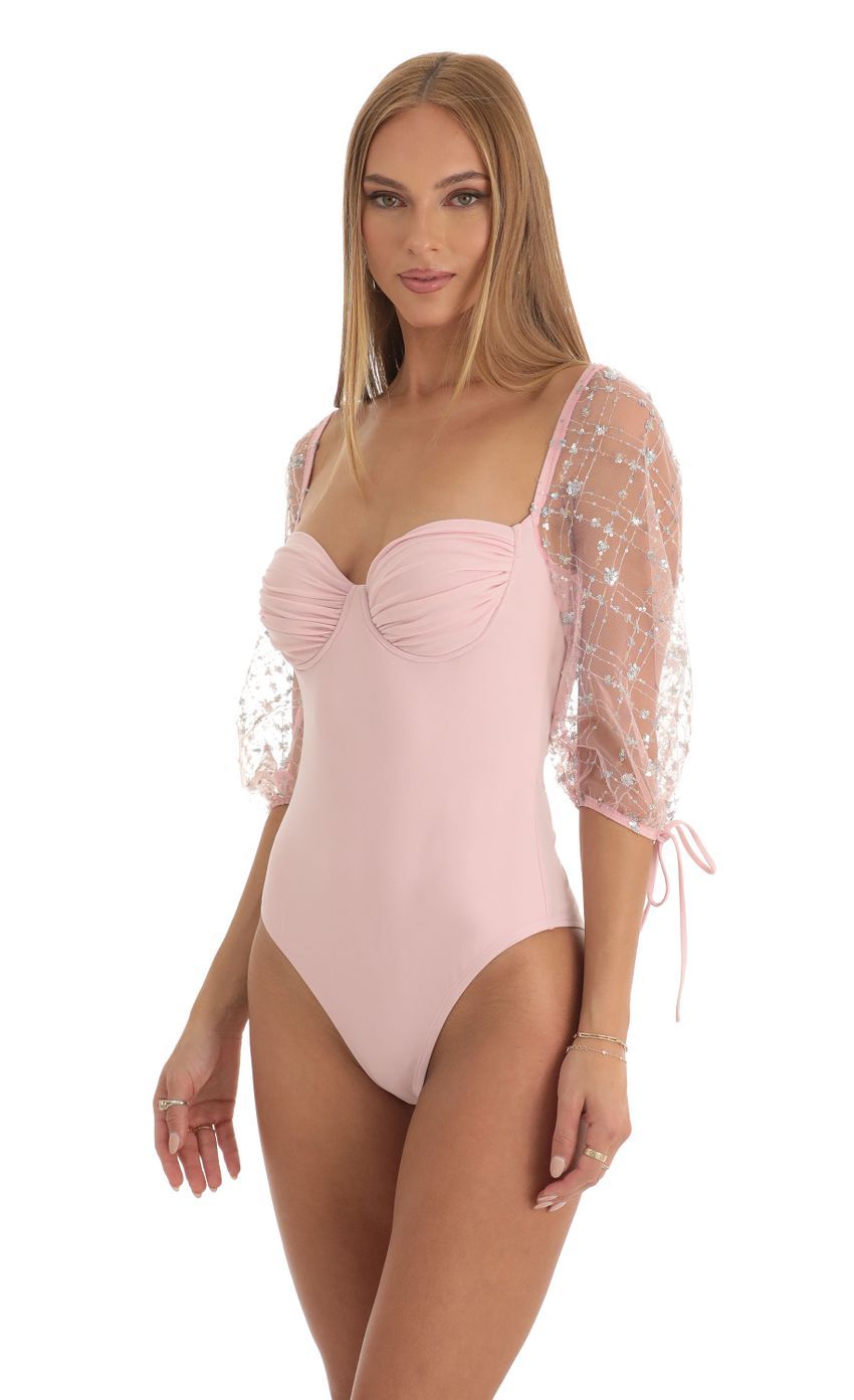 Sequin Puff Sleeve Bodysuit in Pink-Sunny Prom. All rights reserved.