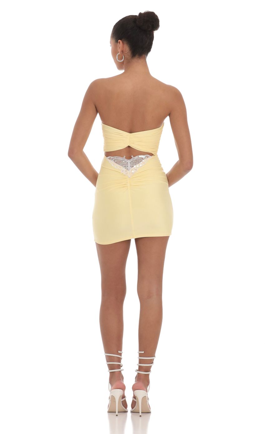 Strapless Sequin Butterfly Bodycon Dress in Yellow-Sunny Prom. All rights reserved.