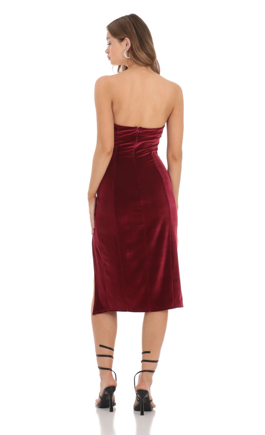Ruffle Velvet Strapless Midi Dress in Maroon-Sunny Prom. All rights reserved.