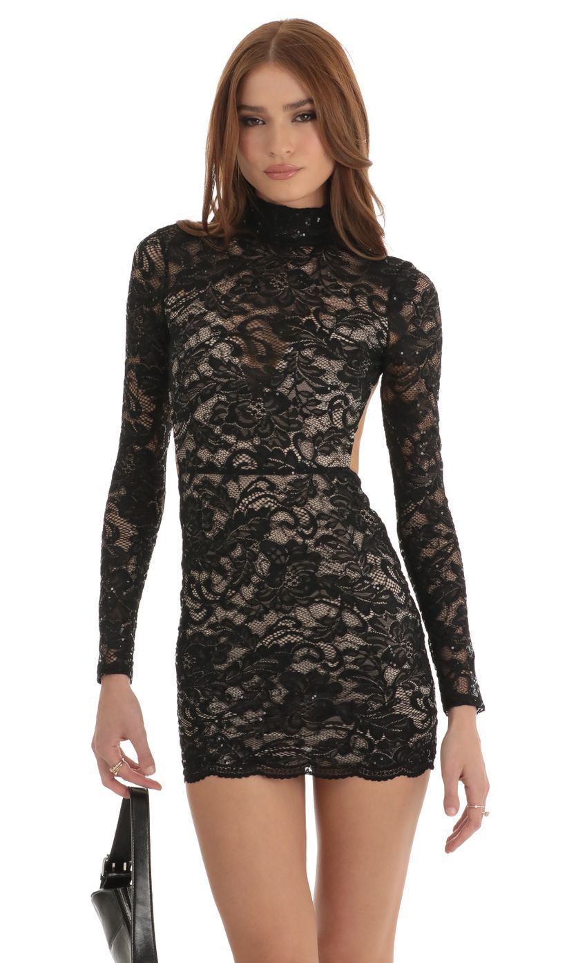 Sequin Lace Open Back Dress in Black-Sunny Prom. All rights reserved.