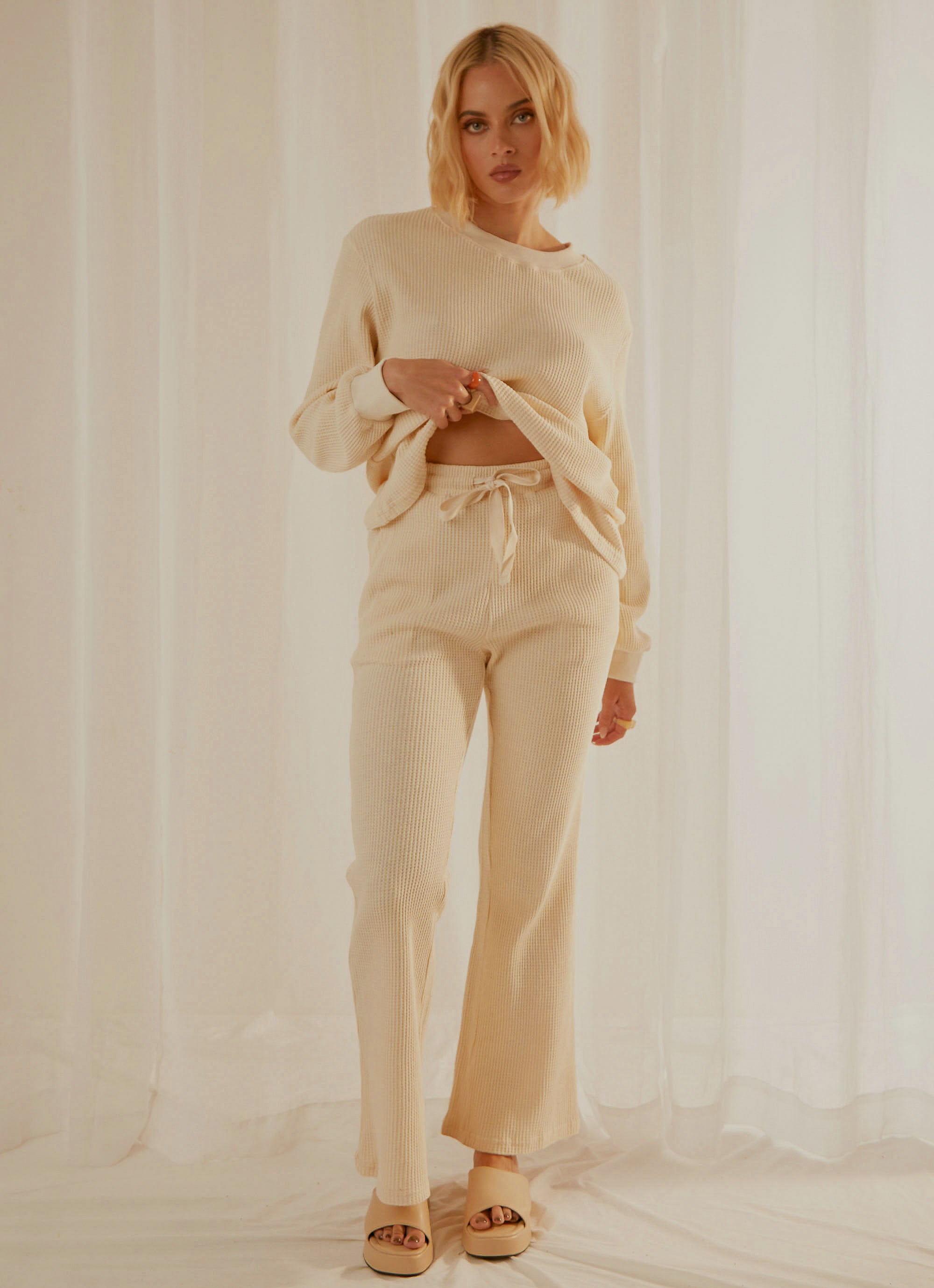 Celia Waffle Pant  - Latte-Sunny Prom. All rights reserved.