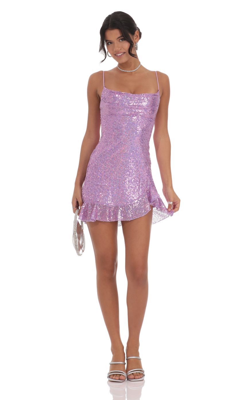Sequin Ruffled Slit Dress in Lavender-Sunny Prom. All rights reserved.