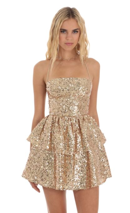 Sequin Lace Up Dress in Gold-Sunny Prom. All rights reserved.