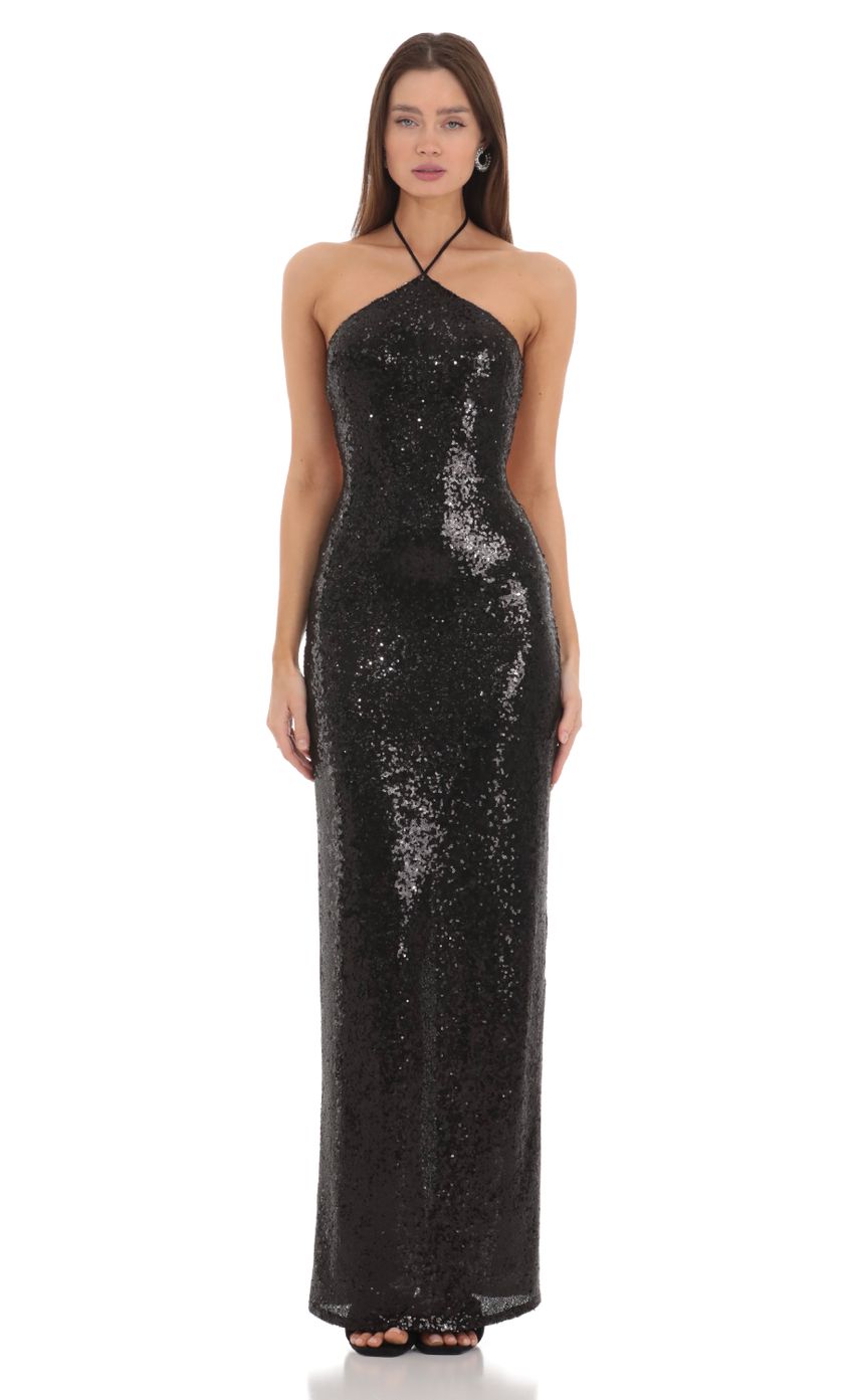 Sequin Halter Maxi Dress in Black-Sunny Prom. All rights reserved.