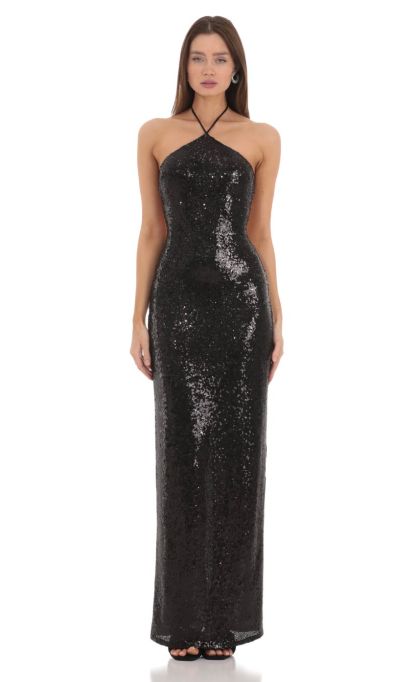 Sequin Halter Maxi Dress in Black-Sunny Prom. All rights reserved.