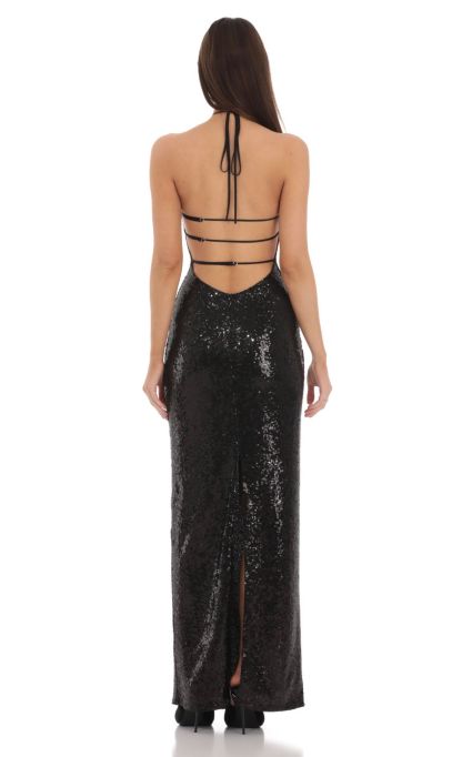 Sequin Halter Maxi Dress in Black-Sunny Prom. All rights reserved.