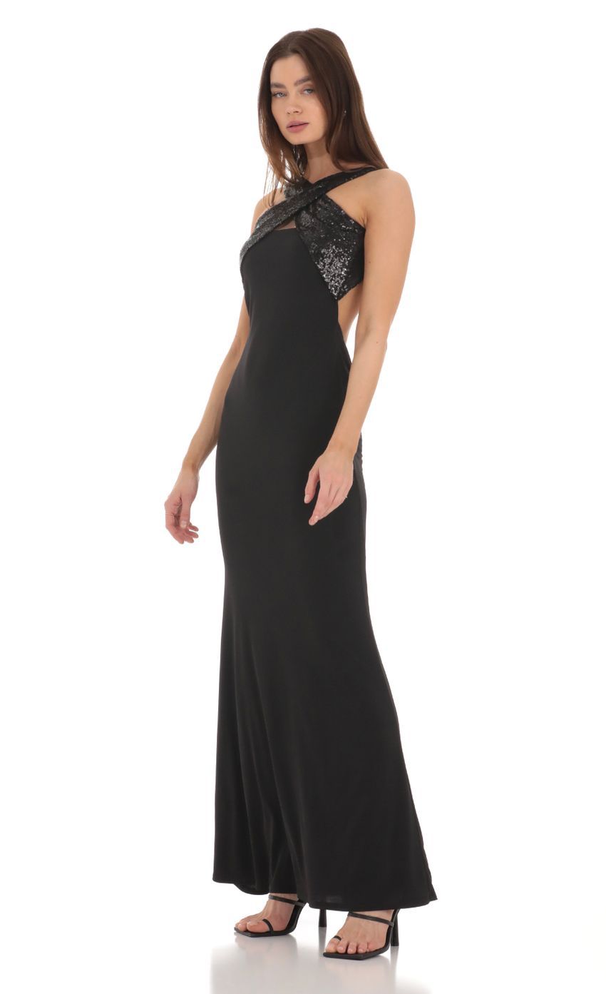 Sequin Cross Neck Maxi Dress in Black-Sunny Prom. All rights reserved.