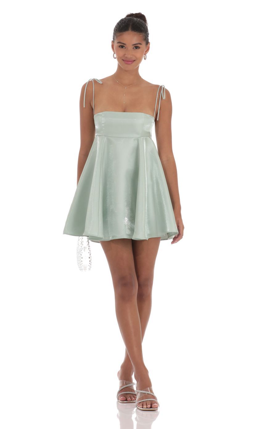 Sheen Flare Babydoll Dress in Sage Green-Sunny Prom. All rights reserved.
