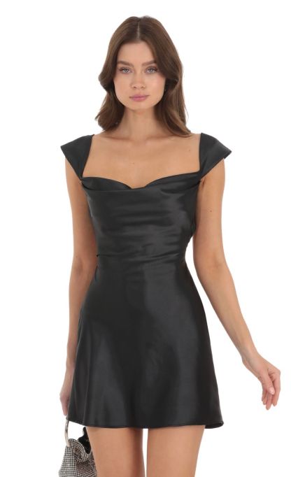 Satin Open Back Dress in Black-Sunny Prom. All rights reserved.