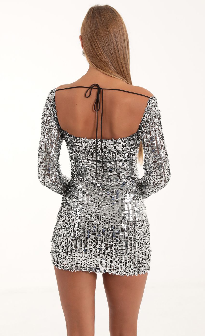 Sequin Mesh Long Sleeve Dress in Silver-Sunny Prom. All rights reserved.