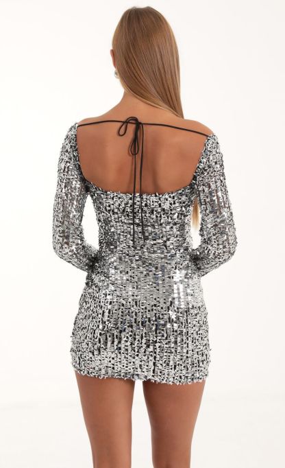 Sequin Mesh Long Sleeve Dress in Silver-Sunny Prom. All rights reserved.