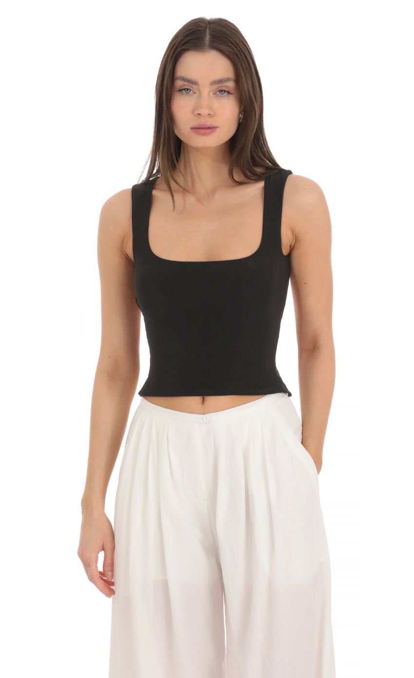 Scoop Neck Open Back Top in Black-Sunny Prom. All rights reserved.