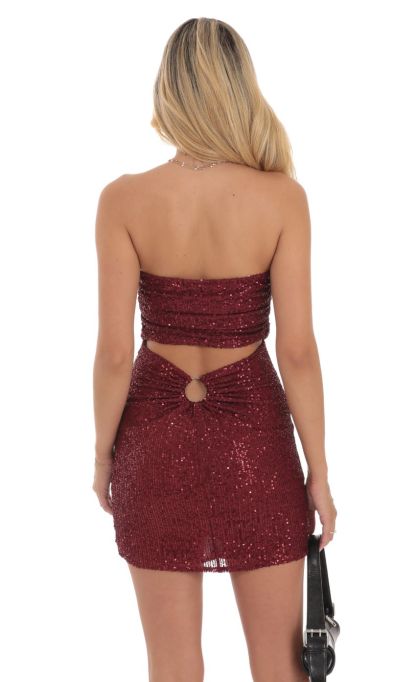 Sequin Strapless Mini Dress in Maroon-Sunny Prom. All rights reserved.