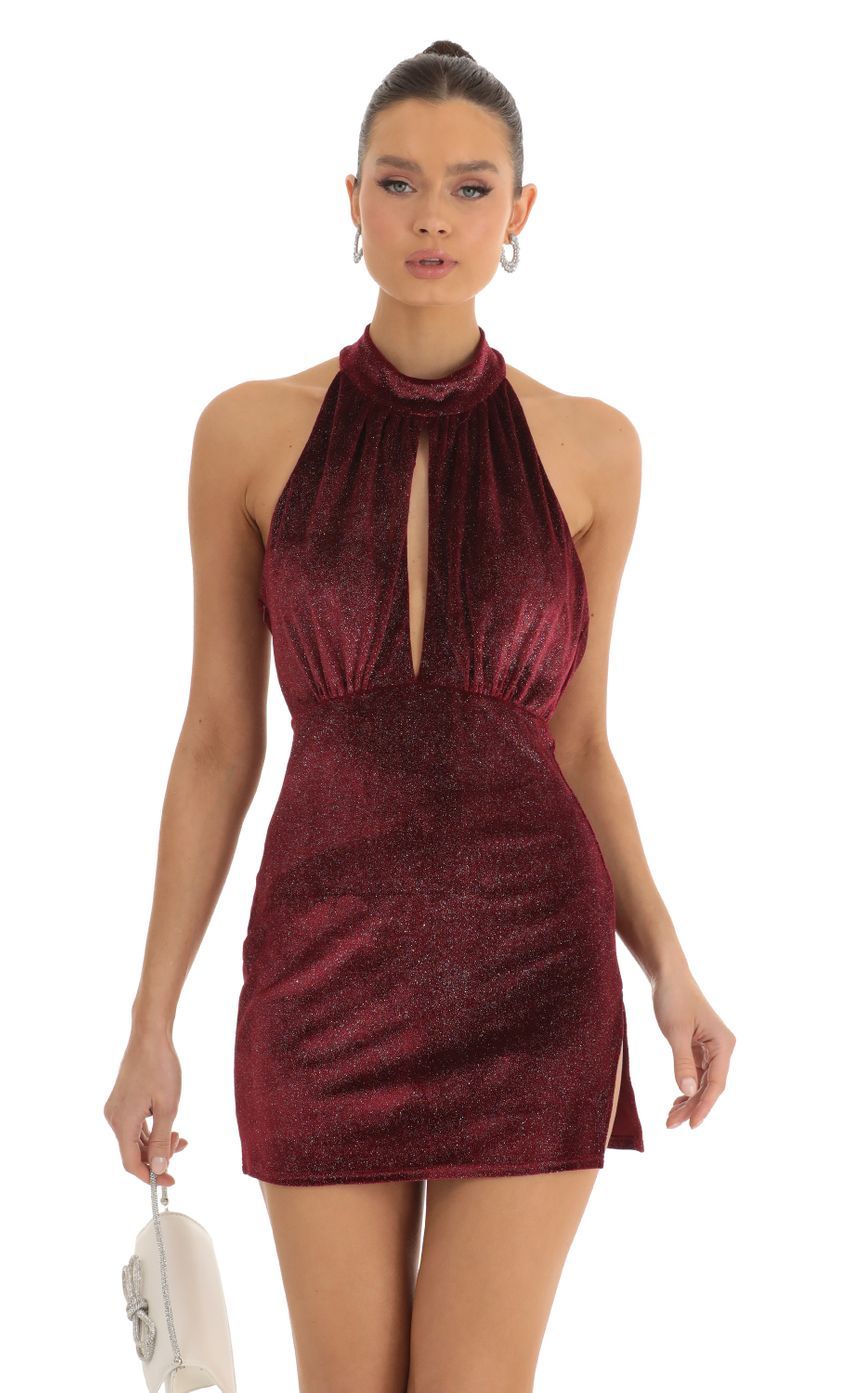 Velvet Glitter Mock Neck Halter Dress in Red-Sunny Prom. All rights reserved.