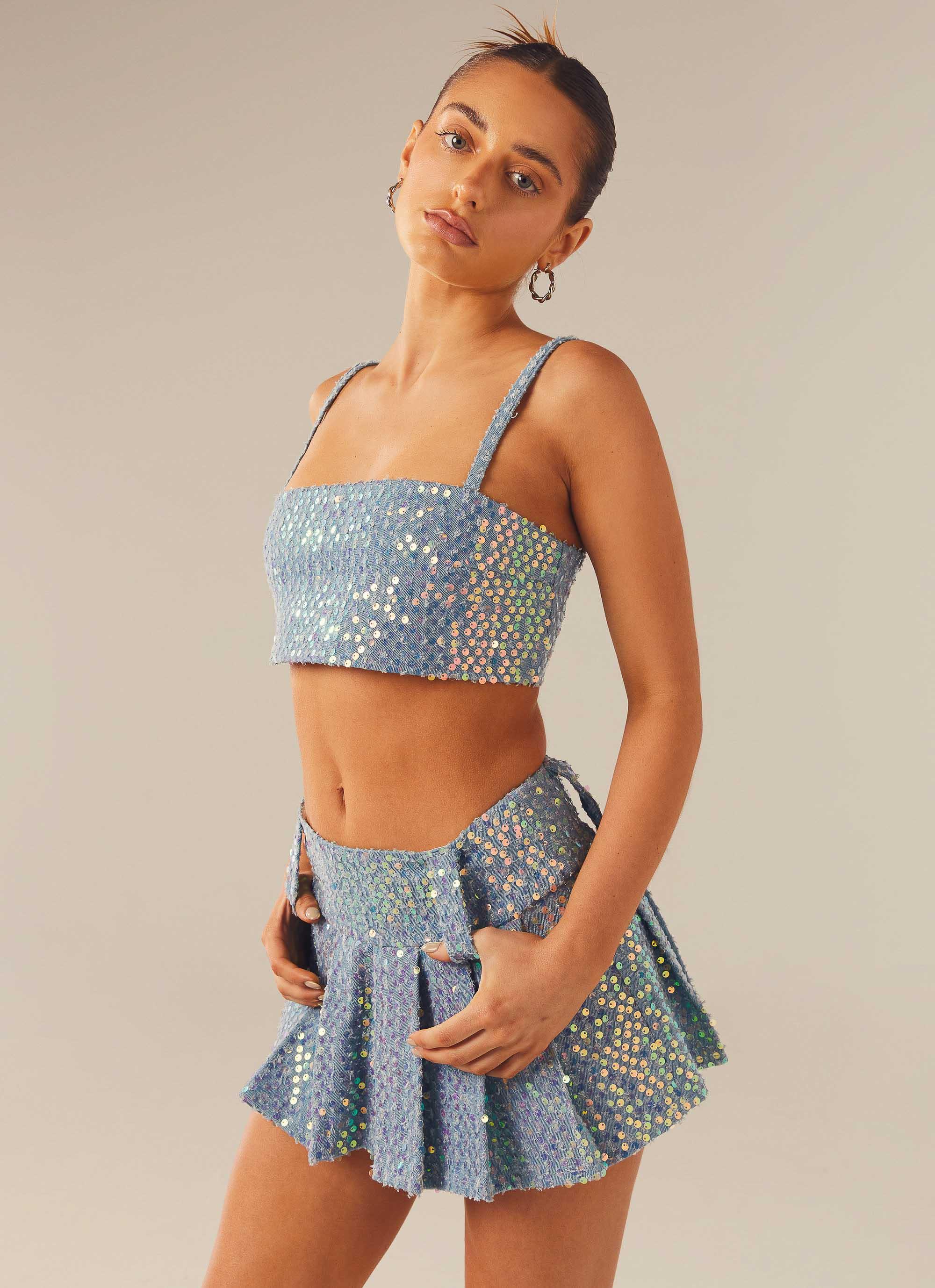 Fly Girl Crop Top - Sequin Denim-Sunny Prom. All rights reserved.
